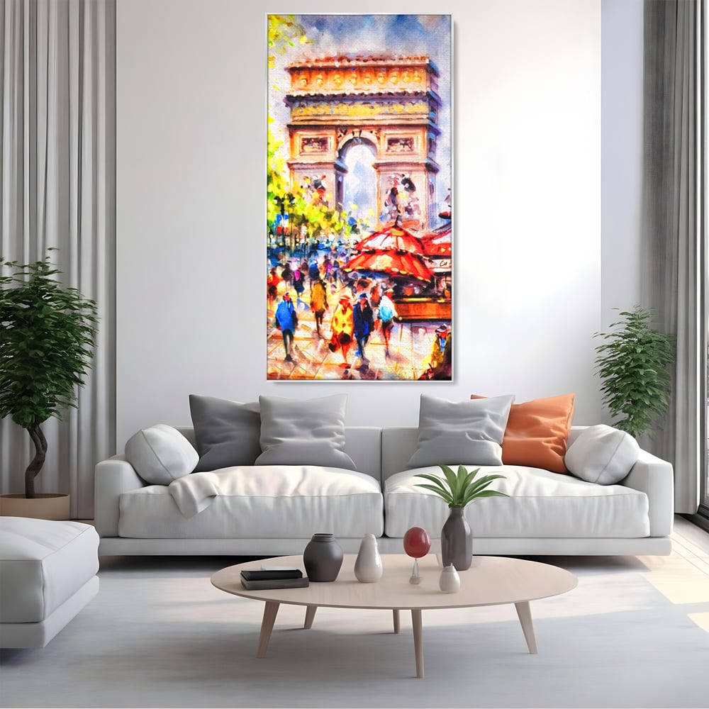 Tablou canvas cu tablou canvas cu arcul de triumf, in rama de aluminiu argintiu, pe perete intr-un living